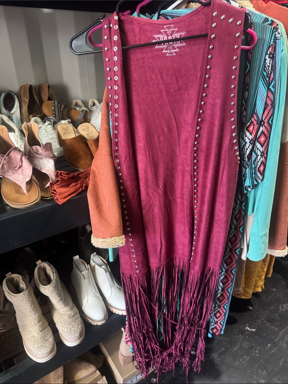 Crazy Train Magenta Studded Suede Fringe Vest